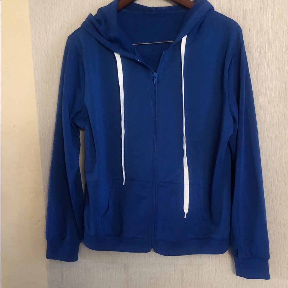 Blue Zip-Up Hooded Sweatshirt with White Drawstrings